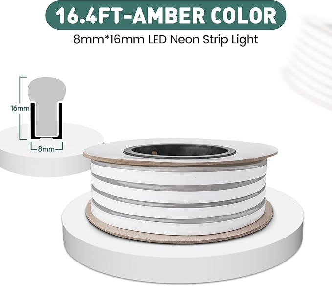 GZBtech Flexible LED Neon Rope Lights 16.4FT,AC 110-120V Waterproof Strip Light, 120LEDs/M Cuttable Connectable Neon Lighting for Indoor Outdoor Home Decor/Commercial Building Use-Amber 5M, ETL Listed