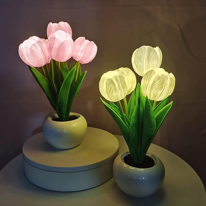 Flower Table Lamp Tulip Desk LED Night Light for Home Living Room Decor Artificial Flower with Vase Table Centerpieces for Birthday Holiday Party Wedding Room Decoration (White)