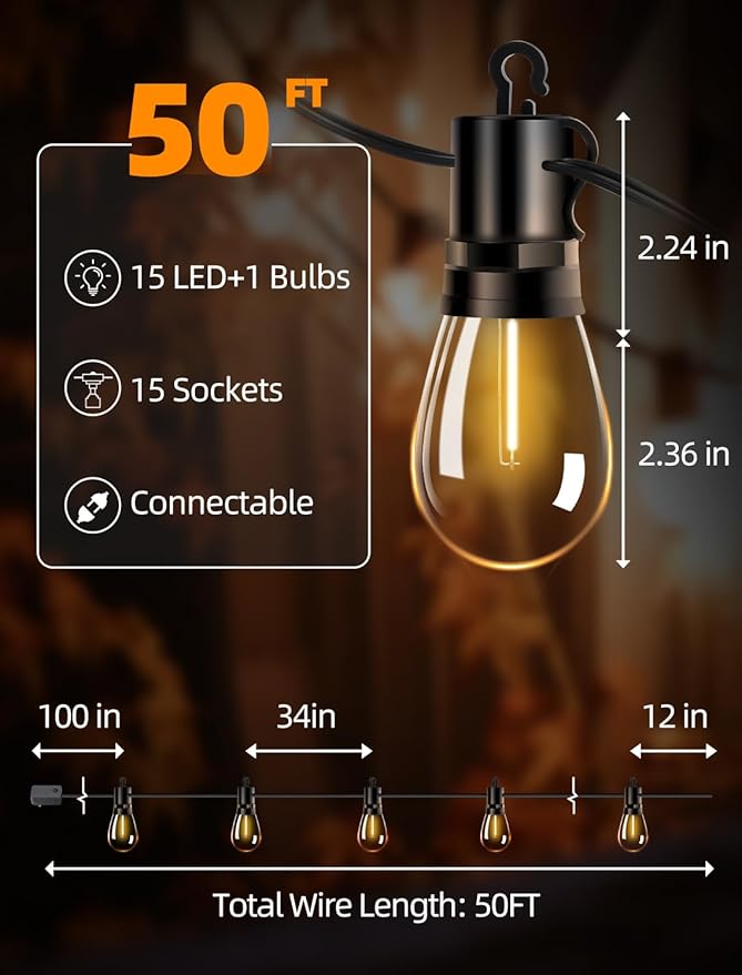 Outdoor Patio String Lights: S14 Shatterproof Bulb Outside Waterproof Light - 50Ft 15M Remote Dimmable Connectable Hanging Outdoor Electric Lighting - Garden Backyard Yard Gazebo Porch Party