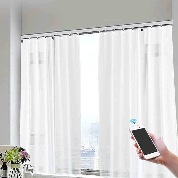 Smart Electric Curtain Track System, 47''-165'' Telescoping Motorized Curtain Rail Works, Remote & WiFi Control Curtains Rod, 88LB Load, Ceiling Mount Automatic Curtain Opener, Quiet Motor