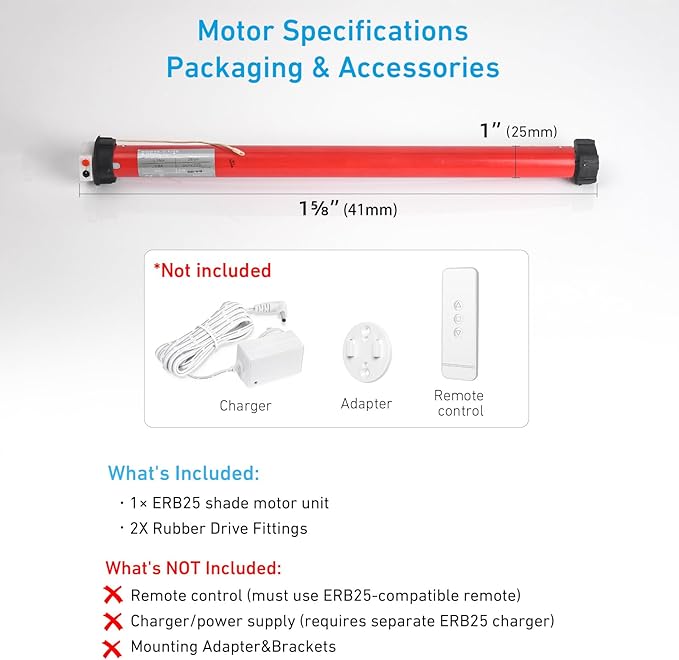 Rollerhouse ERB25 Battery Roller Shade Motor for DIY Electric Roller Blind/Shade Tubular Motor for 1.5 inch/38/40mm Tube