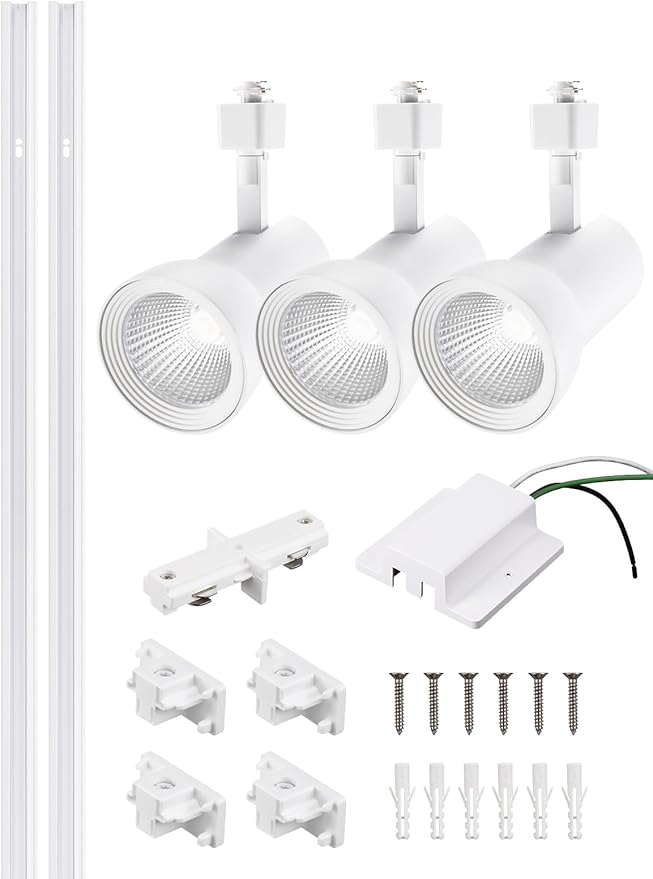 LEONLITE 18W Complete LED Track Lighting Kit, (3) H Type Spotlight & 8FT Track Rail & (1) Floating Canopy Connector & (1) I Connectors, CRI90+, 3000K Warm White, White