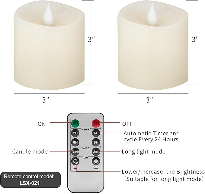 3x3 Flickering Flameless Candles Set of 2, 2AA Battery Life 600 Hours Battery Candles Flickering with Timer,3 inch Flameless Candles with Remote for Indoor/Outdoor, Ivory