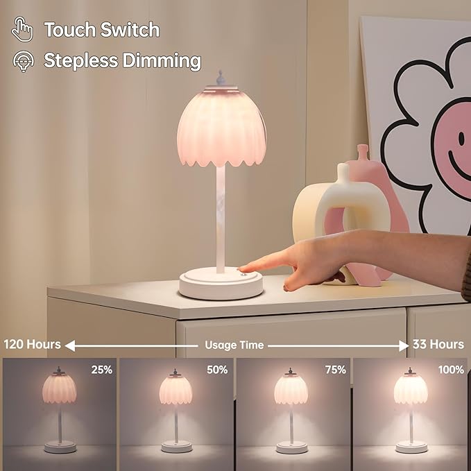 Rechargeable Table Lamp with 5200mAh Battery & Touch Control - 3 Adjustable Color Temperatures, Cordless Dimmable Table Light for Bedroom, Office Desk, Nightstand(Creamy Pink, 1 Pack