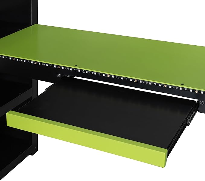Full Size Gaming Loft Bed with Integrated Desk & RGB LED Lights,Bunk Bed with Power Outlet, Large Bookshelf, Pegboard, Keyboard Tray & Drawer (Green-Bo, Full)