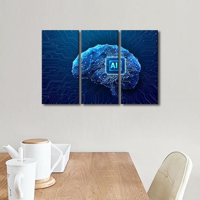 Chip Integral Paintings for Wall Decorations Technology Brain Canvas Prints Technology Wall Art Giclee Artwork 3 Panels Canvas Wall Art Room Wall Decor Stretched and Framed Ready to Hang, 36"Wx24"H
