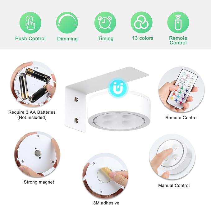 4-Pack Picture Light Battery Operated with Remote,13 Color Dimmable and Timer Painting Light, Art Display Light for Picture Frame Artworking Portrait, Home Wall Decor White Magnetic wall lights