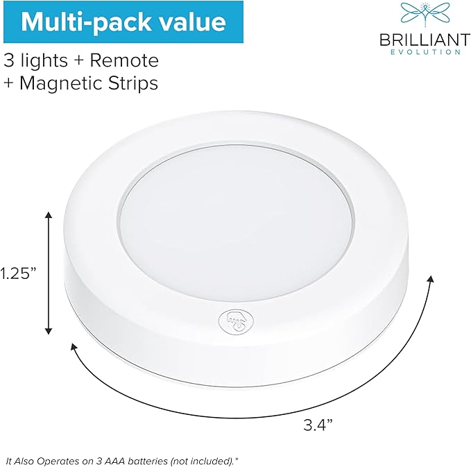 Brilliant Evolution Wireless LED Puck Light 3 Pack - Works with Remote Control - Under Cabinet, Closet Light - Battery Powered - Under Counter Lighting - Stick On Lights