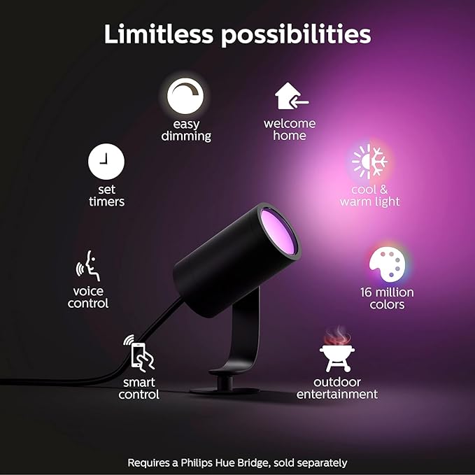 Philips Hue Lily Outdoor Smart LED Spotlight - White & Color Ambiance - Low Voltage Landscape Lighting - 1 Pack - Requires Bridge and Power Supply - Control with App and Voice - Weatherproof