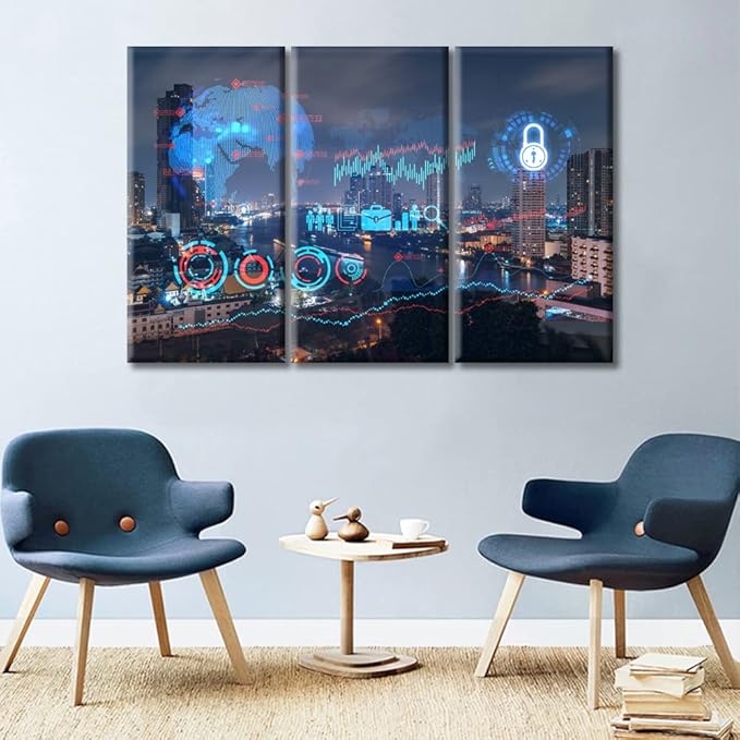 TUMOVO Smart City and Information Technology Abstract Canvas Wall Art 3 Panel Hologram Pictures Wall Decor for Bedroom Print on Canvas Framed Ready to Hang (42" Wx28 H)