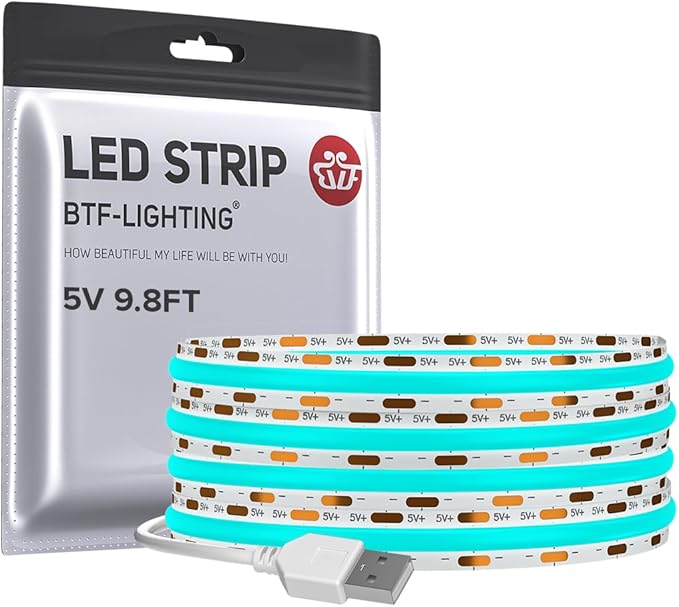 BTF-LIGHTING FCOB USB Powered Ice Blue COB LED Strip Lights 9.8FT 960LEDs 5V 8mm Width 90+ High CRI Ultra Bright Flexible Light for TV Backlight Display Cabinet PC DIY Decor