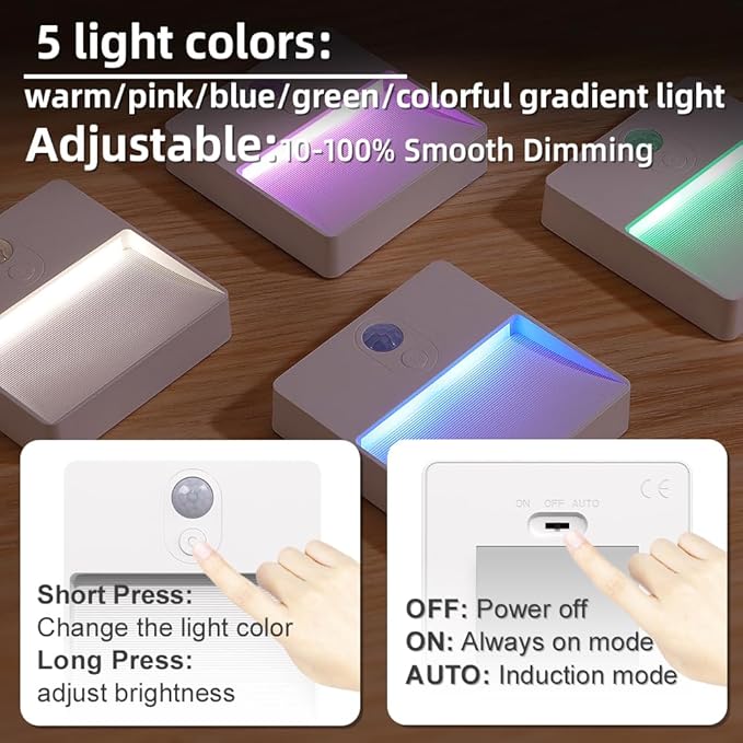 ASAWASA LED Motion Sensor Night Light, 7 Colors Rechargeable Magnetic Decor Wall Lights, Dimmable, Suitable for Bathroom hallways bedrooms Kitchen cabinets Staircase(4 Pack)