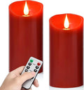 Flameless Battery Operated Flicking Candles:Remote Control Realistic Wax Pillar LED Candle with 10-Key Cycling 24 Hours Timer for Home Decoration Wedding Birthday Party 2PACK Red