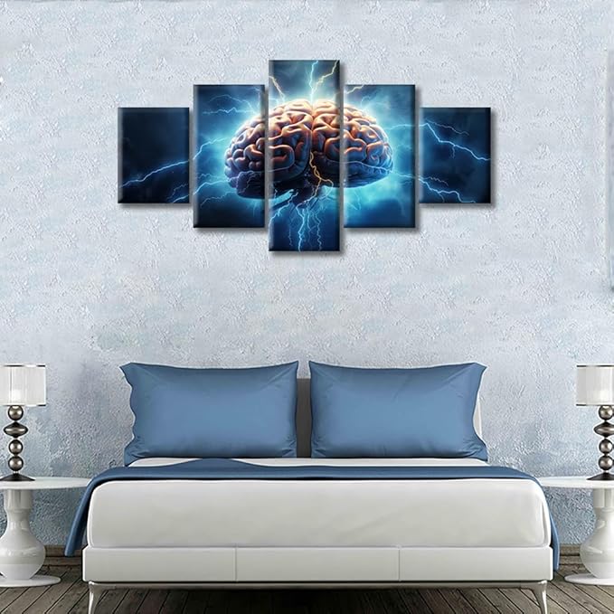 Canvas Wall Art Smart Brain Posters & Prints Brainstorming Concept Artwork Brain Power Lightning Contemporary Home Decor Stretched Canvas Picture for Living Room Bedroom Home Office, (60" Wx32 H)