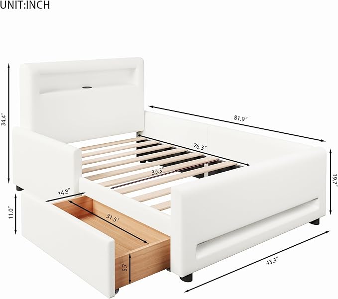 MERITLINE Twin Size Upholstered Platform Bed with Drawer, App-Controlled RGB LED Light Strip & USB Port, PU Fabric Storage Bed (White) | LED light, Storage Drawer