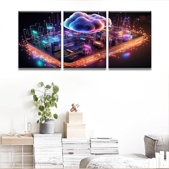 Framed Wall Art 3 Panels Wall Decor Cloud Computing Concept Pictures Print On Canvas for Living Room Bedroom Wall Decoration, Giclee Artwork Ready to Hang, 12x16inchx3