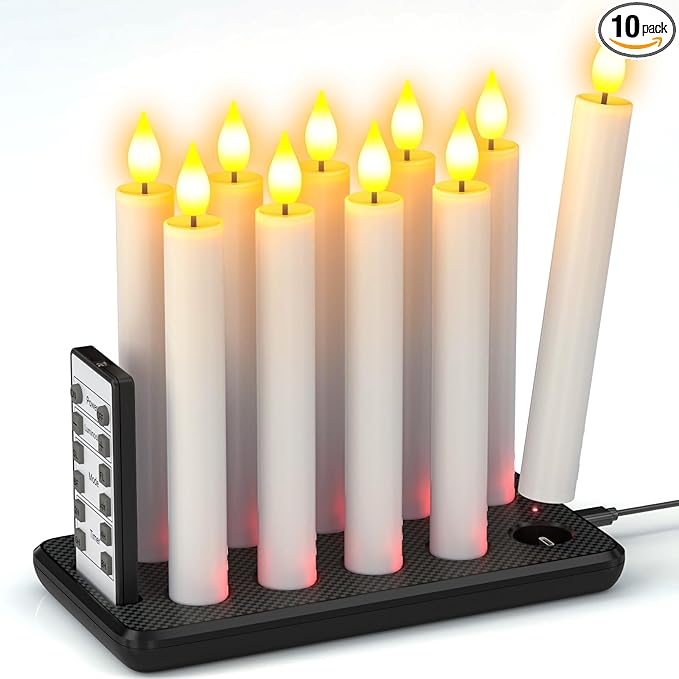 SoulBay 10pcs Flameless Rechargeable Taper Candles, Bright Realistic Flickering LED Electric Candlesticks with Charging Base and Remote Timer for Home Windowsill Christmas Decorations, 0.78" x 6.7"