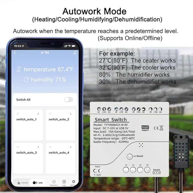 Tuya WiFi Smart Temperature Sensor Controller, 4CH 7-32V Relay Switch, Remote Voice Control, APP Remote Control, Dry Contact, Real-Time Monitoring, Compatible with Alexa and Google Home