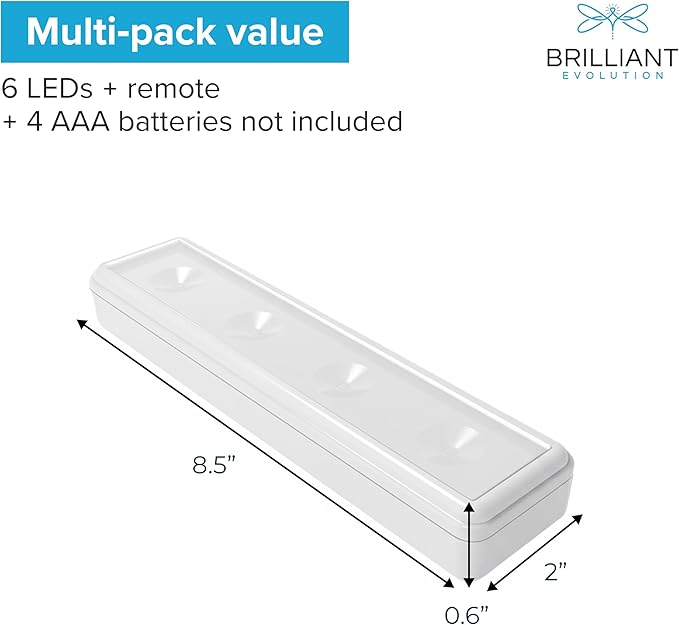 Brilliant Evolution Stick On Touch Wireless Lights with Remote - 8.5"L Battery-Powered LED Under Cabinet Lighting for Kitchen, Closet, Pantry - 2 Pack Easy Install and Adjustable Brightness, 80 Lumens