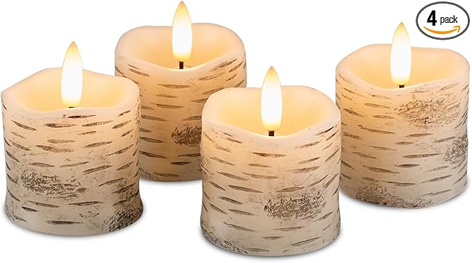Rhytsing 2" White Birch Bark Flameless Votive Candles with Timer, Real Wax Led Faux Battery Operated Tealight Candles for Christmas and Weddings - Set of 4