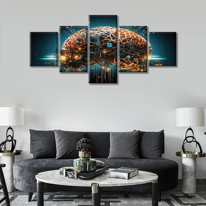 House Decor Brain Nervous System Wall Pictures for Living Room Artificial Intelligence Pictures Canvas Wall Art Modern 5 Panel Wall Painting Prints on Canvas Framed Ready to Hang, (50"Wx24"H)