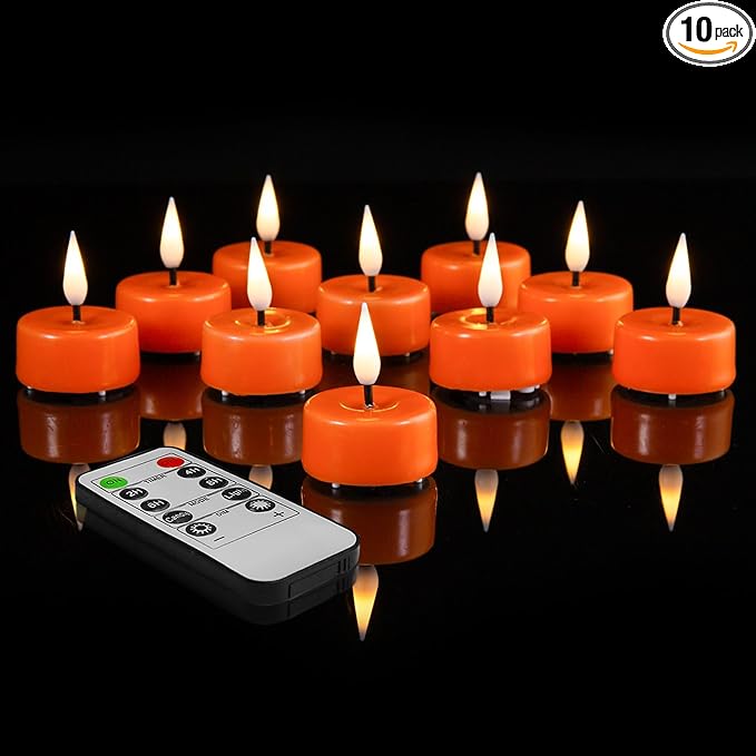 Eywamage Orange Flameless Tealights with Remote Batteries, LED Tea Votive Candles Real Wax Flickering Set of 10