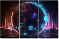TUMOVO 3 Panel Modern Wall Art Cyber Space 3D Poster on Canvas for Bedroom Living Room Wall Decoration, Neon Digital World Artwork Giclee Wooden Framed Ready to Hang, 42" Wx28 H