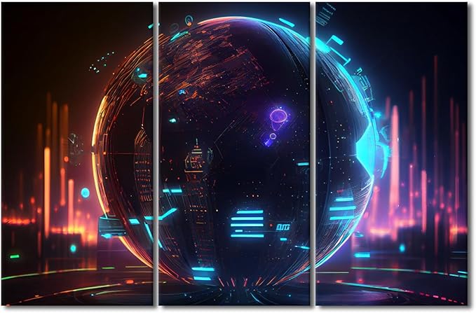 TUMOVO 3 Panel Modern Wall Art Cyber Space 3D Poster on Canvas for Bedroom Living Room Wall Decoration, Neon Digital World Artwork Giclee Wooden Framed Ready to Hang, 42" Wx28 H
