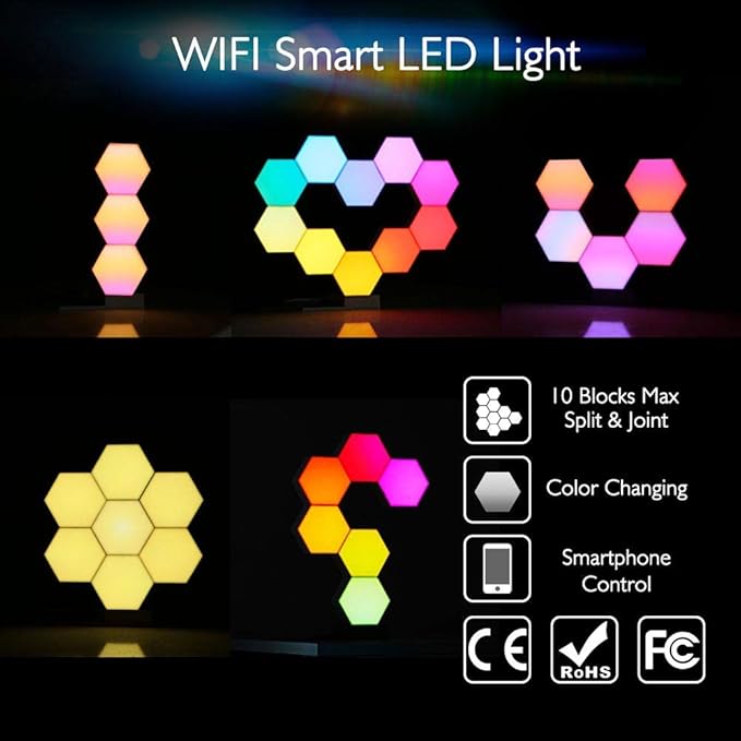 Yescom APP Control Hexagon Lights 11 Pack Table Lamp with 4 Expansion Panels Music Sync Smart WiFi Bedroom Gaming Room Compatible with Alexa & Google
