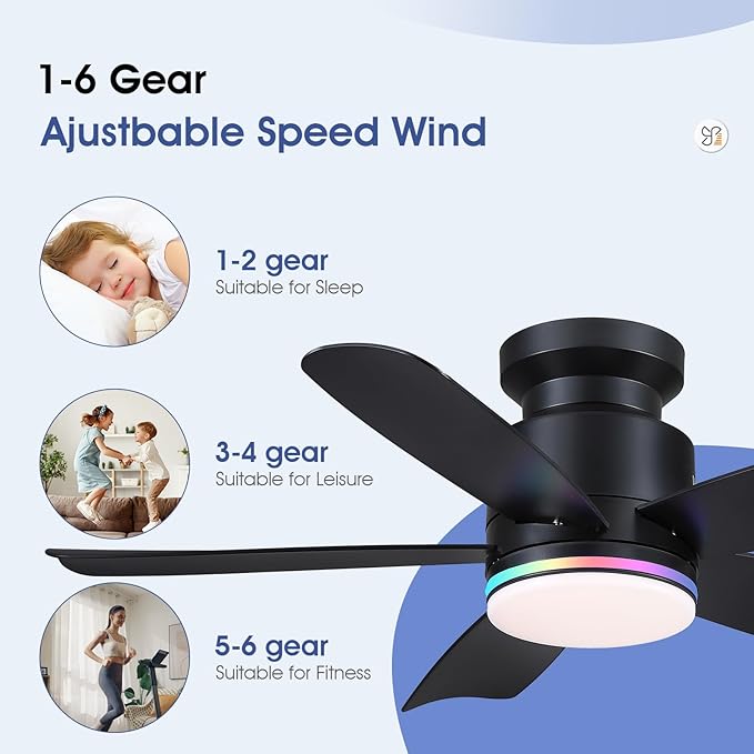 Ceiling Fans with Lights and Remote/APP Control, 41 inch Low Profile Ceiling Fan, 3 CCT LED Dimmable White Lights + RGB Ring Lights, 5 Reversible Plastic Blades 6 Speeds for Kidsroom, Black
