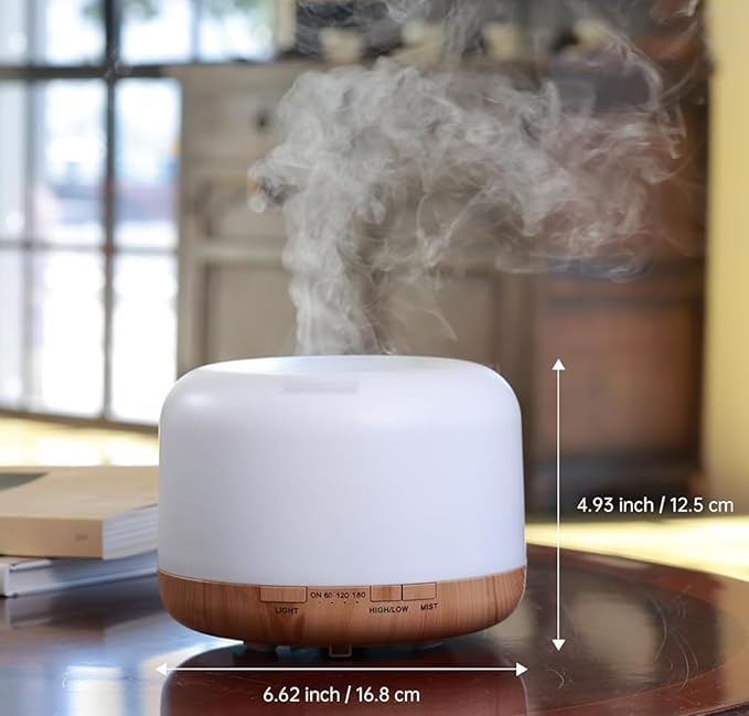 500ml Home/Office Aroma Diffuser, Essential & Fragrant Oil Vaporizer with Multi-Color Lighting for Night Stand, Desk, Table, Remote Control, Timer & Auto-Off Switch, Brown, Premium
