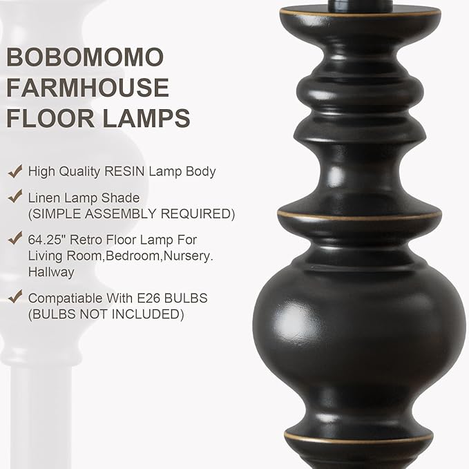 BOBOMOMO 64.25" Farmhouse Floor Lamp for Living Room, Tall Antique Black Standing Lamp with Rotary Switch, Mid-Century Modern Reading Lamp for Bedroom & Office, Minimalist Home Decor Corner Lamp