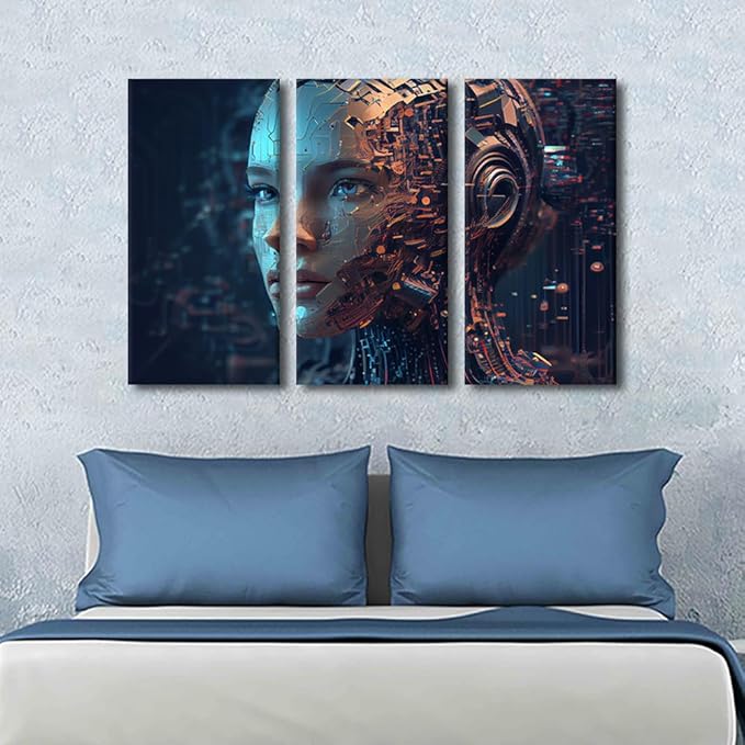 Head of Humanoid Robot Wall Art Blue Eyes and Visible Neural Network and Circuit Board Pictures Print On Canvas, Stretched Framed Gallery-Wrapped Ready to Hang, 42" Wx28 H