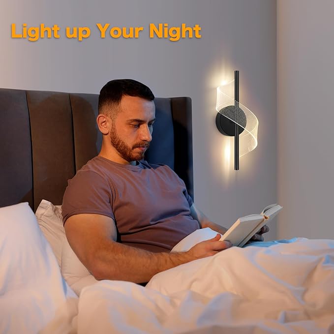 Modern LED Wall Sconce - 12" Height Spiral Wall Lamp with Acrylic Shade - 3000K 4000K 6000K Indoor Hardwired Wall Fixture for Bedroom Living Room Hallway Corridor (Black 1pack)