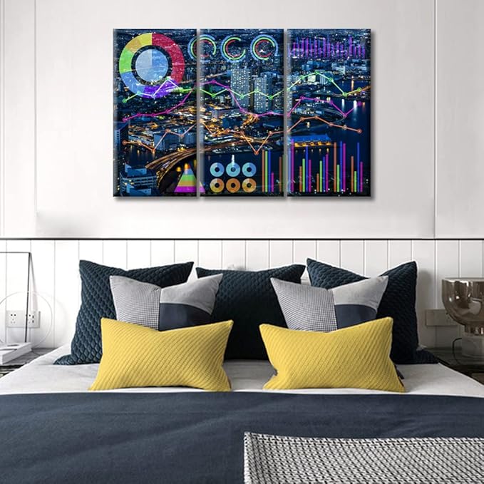 TUMOVO 3 Pieces Modern Smart City and Information Technology Abstract Paintings Black and White Wall Media ArtVarious Charts Pictures Rustic Home Decor Modern Home Decor Ready to Hang (36" Wx24 H)