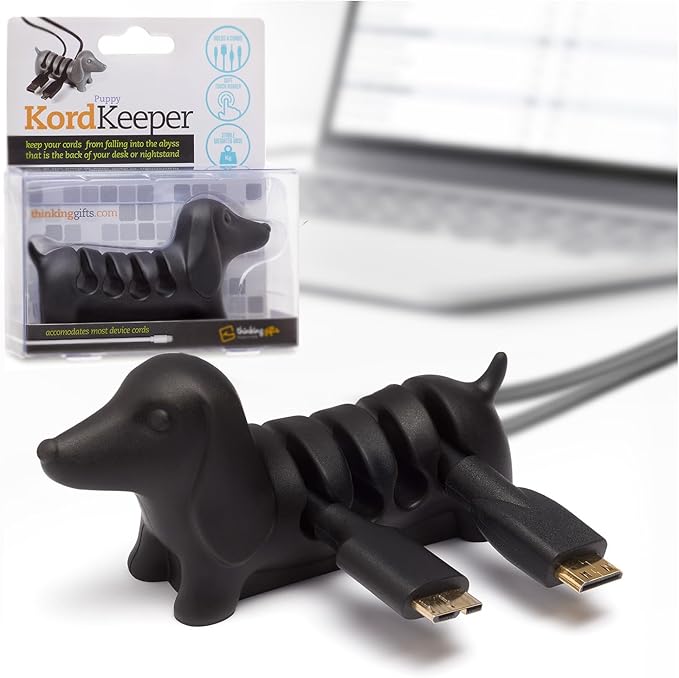 Gifts for Readers & Writers Cord Organizer, Office Desk Organizing & Cable Management Accessory, Kord Keeper Dog, Weighted Wire Holder to Organize Phone & Device Charger Cords, Black