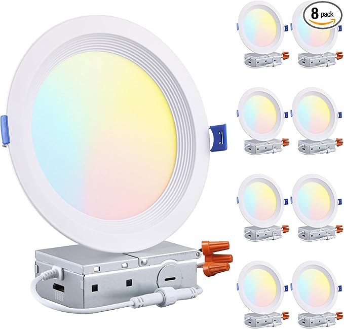 TORCHSTAR 8-Pack 5CCT 6 Inch Slim LED Recessed Lighting with J Box, Aluminum, Anti-Glare Baffle Trim, 12W 1000LM, CRI90 Dimmable Ceiling Downlight, Air Tight & IC Rated, 27003000350040005000K, ETL&ES
