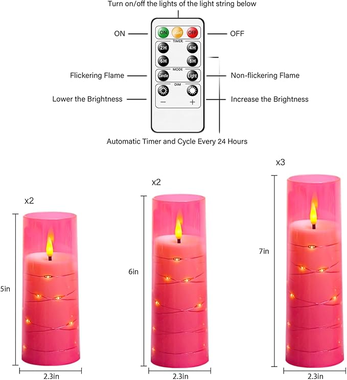 Flameless Candles with Embedded Star String, Battery Operated LED Pillar Candles with Timer and Remote Control,Home Decorating for Ambiance， Set of 7 (Pink)