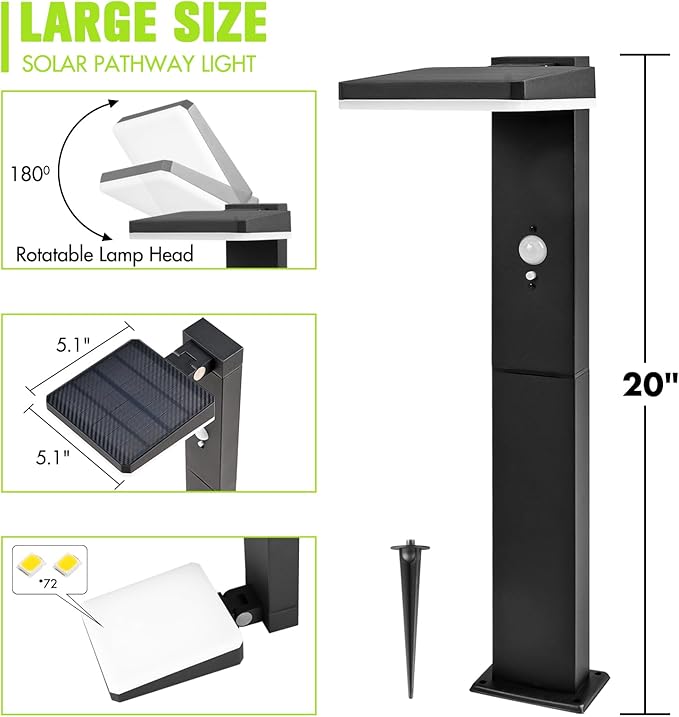 Solar Pathway Lights Outdoor - Motion Sensor Solar Path Light, 72 LED 600 Lumens Super Bright, Aluminum Waterproof Outdoor Garden Light with Groundstake for Yard, Walkway, Lawn, Driveway, 20"