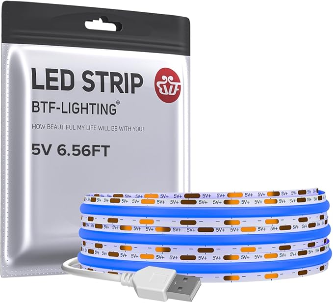 BTF-LIGHTING FCOB USB Powered Blue Color COB LED Strip Lights 6.56FT 640LEDs 5V 8mm Width 90+ High CRI Ultra Bright Flexible Light for 3D Printer TV Backlight Display Cabinet PC DIY Decor