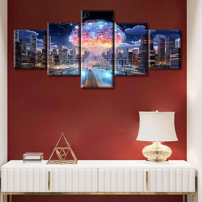 Human Brain Energy Canvas Wall Art City Smart Brain Posters & Prints Artwork Brain Contemporary Home Decor Stretched Canvas Picture for Living Room Bedroom Home Office Decor (50" Wx24 H)