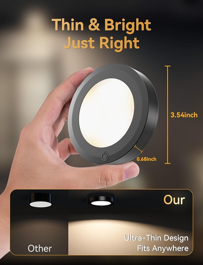 HOLKPOILOT Ultra Slim Puck Lights with Remote, LED Under Cabinet & Closet Lighting Wireless, 3 Color Temps & Dimmable Stick On Lights Battery Operated for Kitchen,Counter,Shelves (4pack)