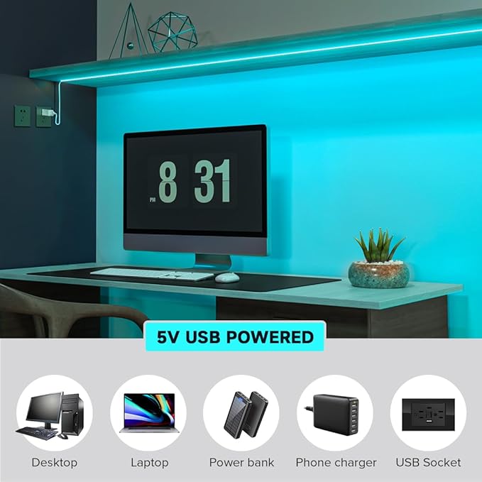 BTF-LIGHTING FCOB USB Powered Ice Blue COB LED Strip Lights 9.8FT 960LEDs 5V 8mm Width 90+ High CRI Ultra Bright Flexible Light for TV Backlight Display Cabinet PC DIY Decor