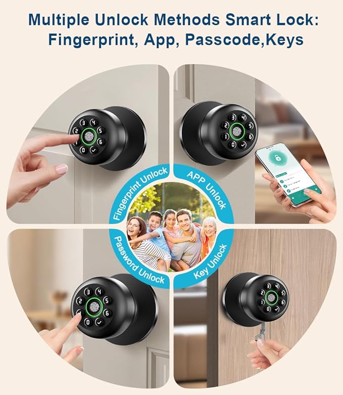 Fingerprint Door Lock, Smart Fingerprint Door Knob with Keypad, Biometric Door Lock with App Control, Auto Lock Door Lock with Code, Keyless Door Knob with Lock for Bedroom, Home,Office-Matte Black