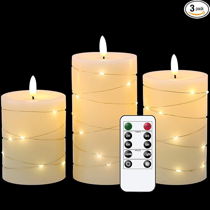 Eldnacele Flameless Candles Battery Operated with Remote and Timer, 3D Wick Flickering Embedded String Lights Real Wax LED Pillar Candles Christmas Holiday Dinner Decor Set of 3 (D3”x H4” 5” 6”)