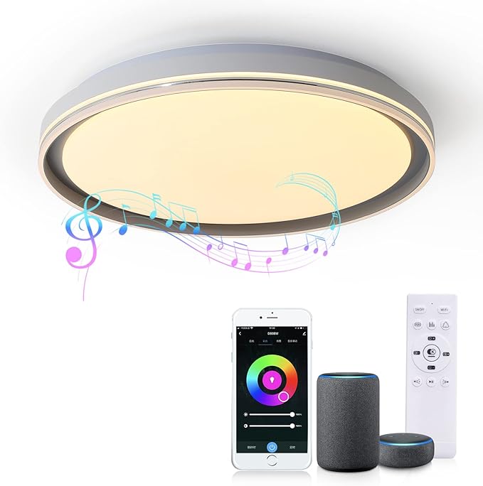 Smart LED Music Ceiling Light,with Remote Control Bluetooth Speaker RGB Dimmable,15.74 inch 36W,WiFi App Compatible with Alexa Google Home,Suitable for Bedroom, Living Room and Children's Room