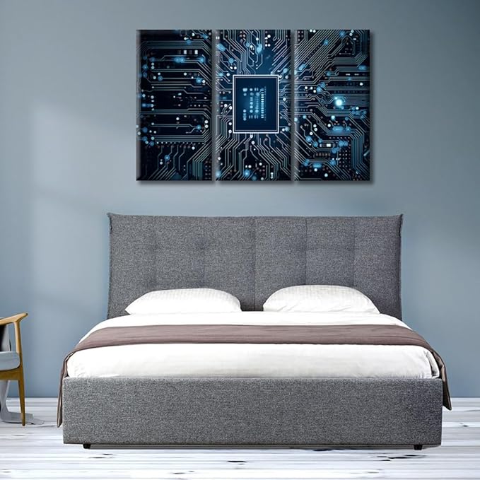3 Pieces Computer Processors CPU Wall Art Canvas Circuit Network Pictures Wall Painting for Bedroom Wall Art for Living Room Modern Home Decor Office Posters Framed Wall Art (42" Wx28 H)