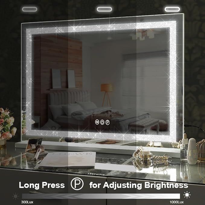 FENCHILIN Vanity Mirror with Lights 32” x 23” Hollywood Makeup Mirror with Light Strip Smart Touch Control 3 Colors Dimmable Light Strip & 10X Magnification White
