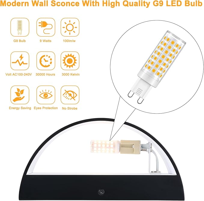 Black Modern LED Wall Sconce (with G9 Bulbs) Hardwired Indoor Wall Lights Set of 2 Up and Down Wall Mount Lamps for Hallways, Bedrooms, Hallways, Living Room 3000K Warm White