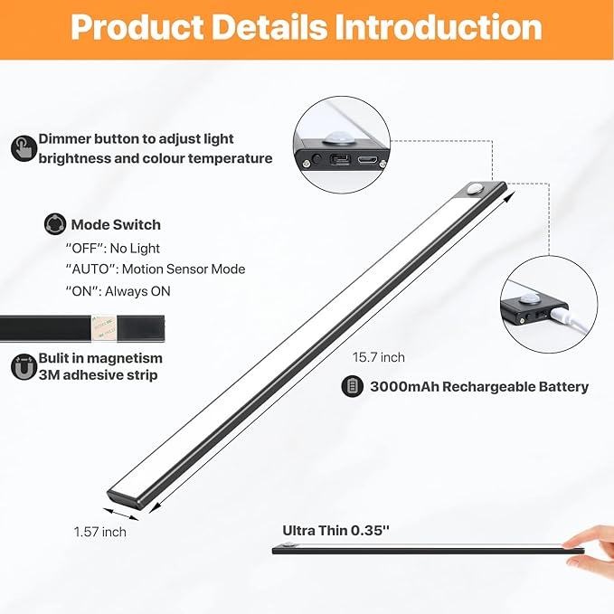 69 LED Under Cabinet Lighting 2 Pack, 3 Color Motion Sensor Light Indoor, 3000mAh Rechargeable Stepless Dimmable Closet Lights, Wireless Battery Operated Under Counter Light for Kitchen